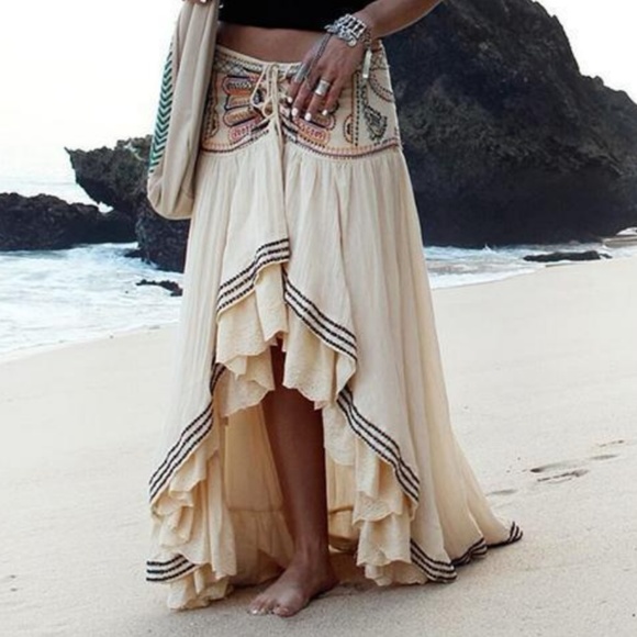 Dresses & Skirts - Boho Hi Low Embroidered Gypsy Maxi Skirt